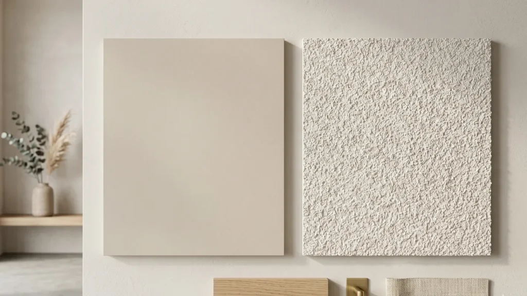Diferentes tipos de gotelé con texturas de grano fino, medio y grueso aplicados sobre una pared blanca.